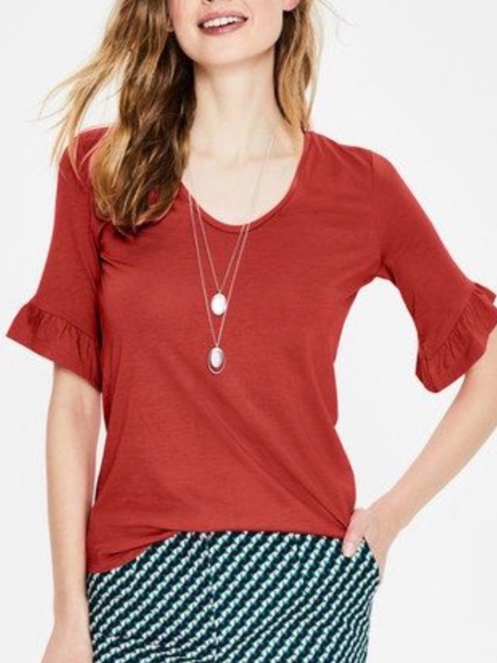 Boden Supersoft Frilled Ruffle Cuff Short Sleeve Tee T-Shirt Rust Red Size XS